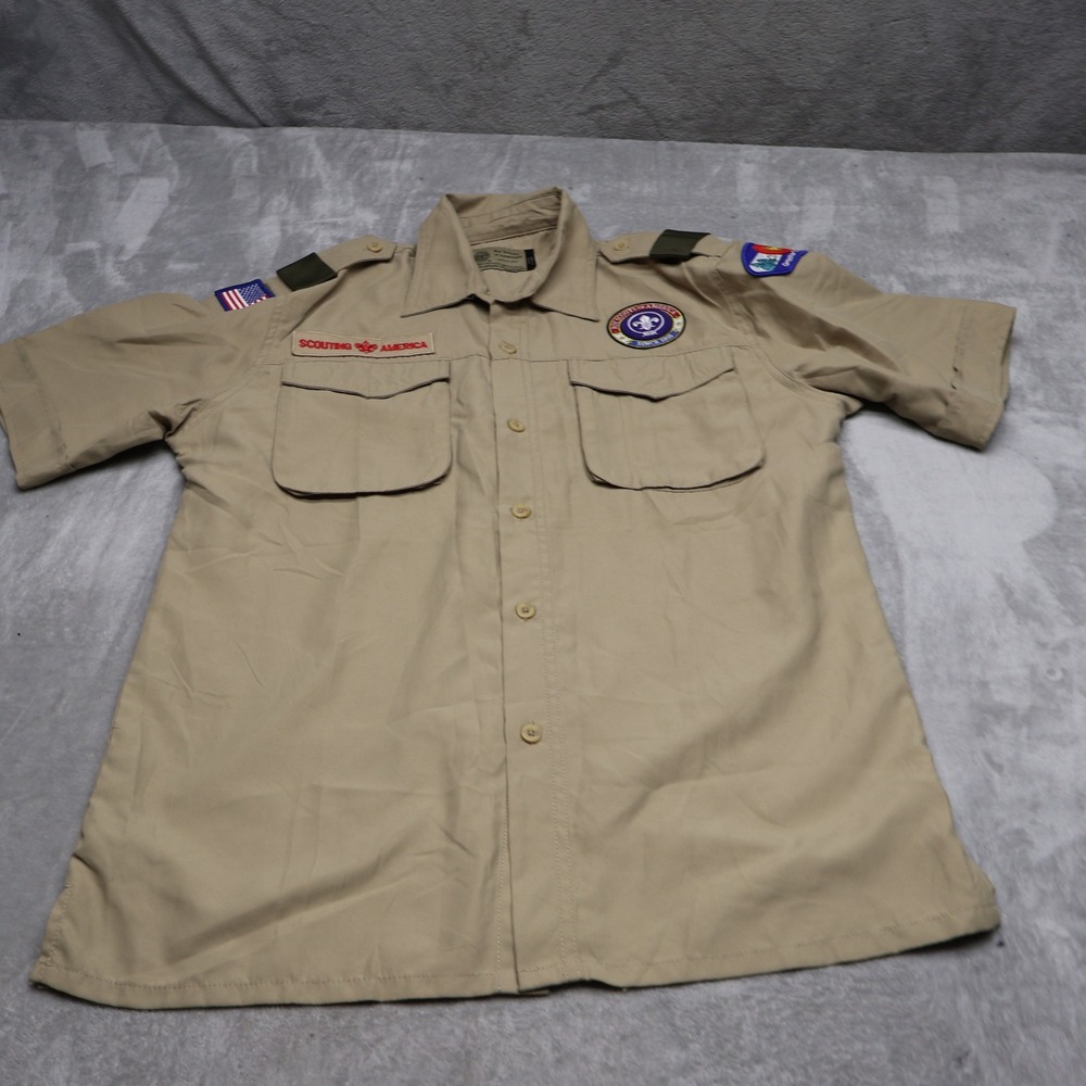 Boy Scouts of America Uniform Shirt Youth XL Beige Patches Camping Scouting